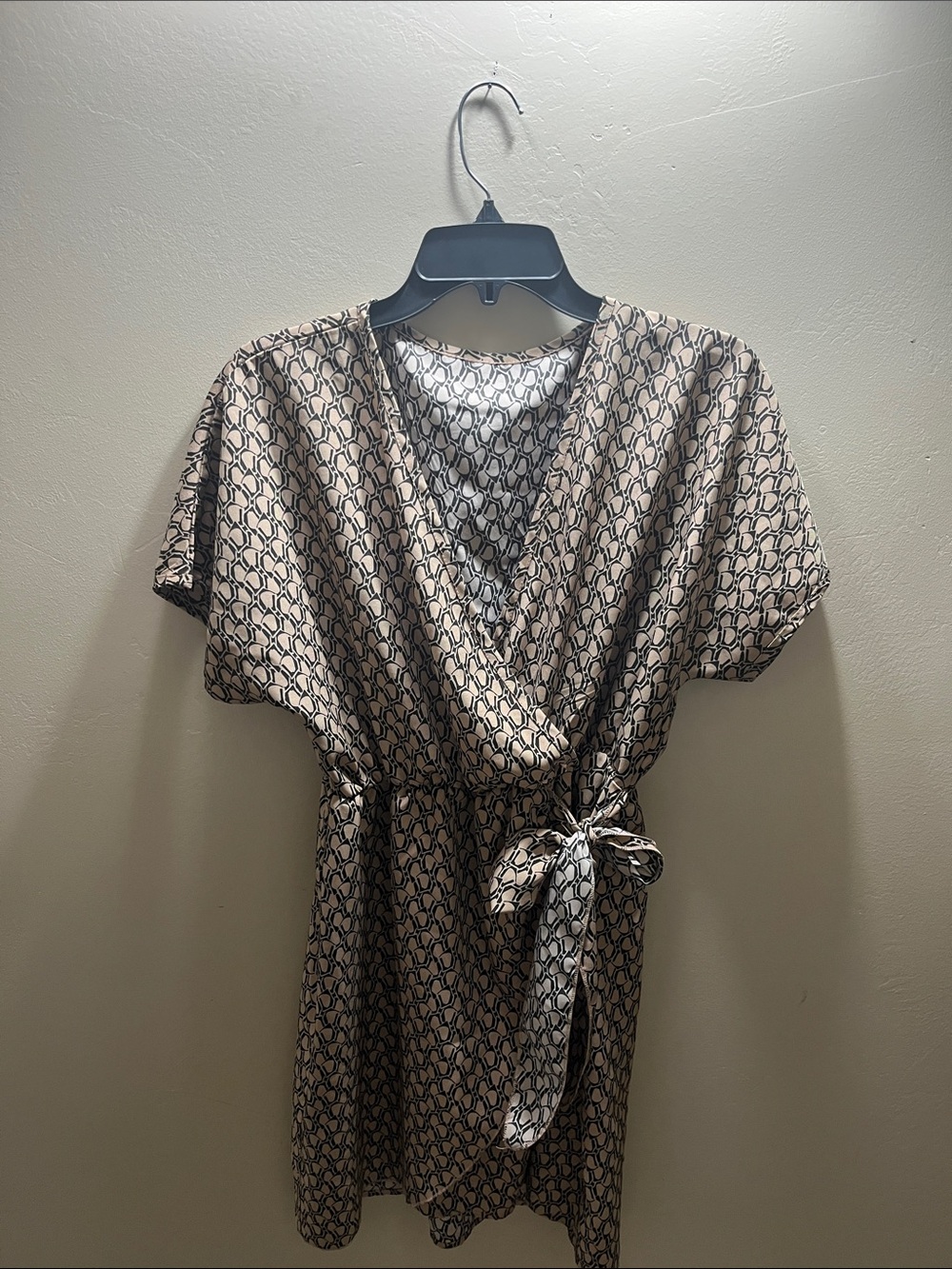 SHEIN Beige and Black Patterned Wrap Mini Dress